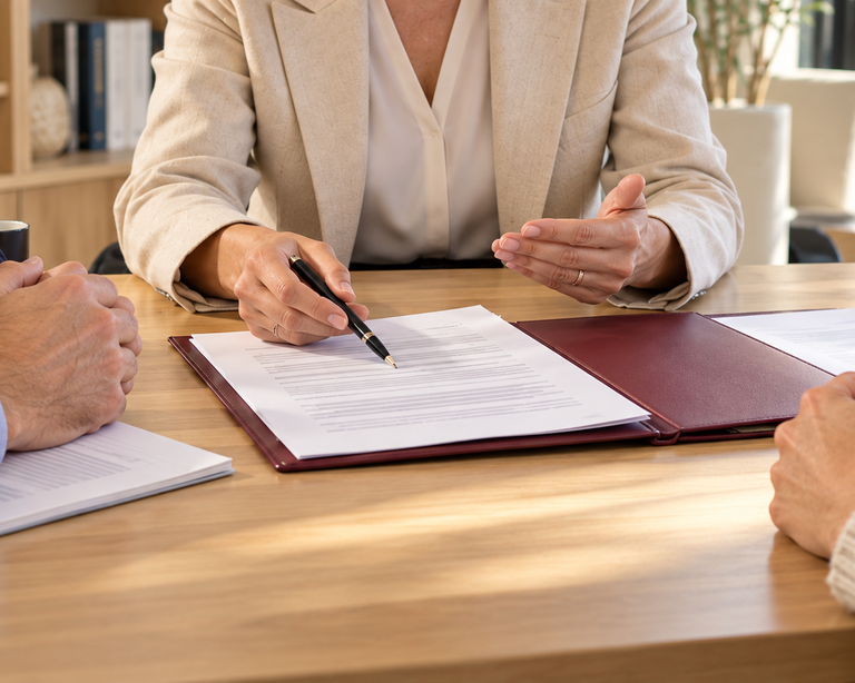 Abogada asesora a una pareja sobre el convenio regulador de un divorcio ante notario, con atención a los documentos sobre la mesa. Martínez y Pulido Abogados, despacho en Vecindario, Gran Canaria.