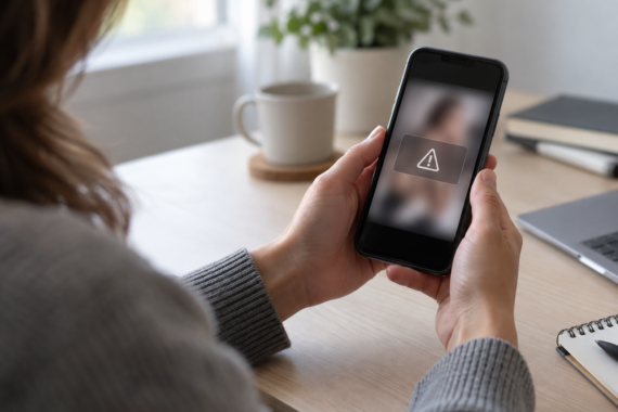 Persona revisando en su teléfono una alerta por la difusión de fotos íntimas sin consentimiento.